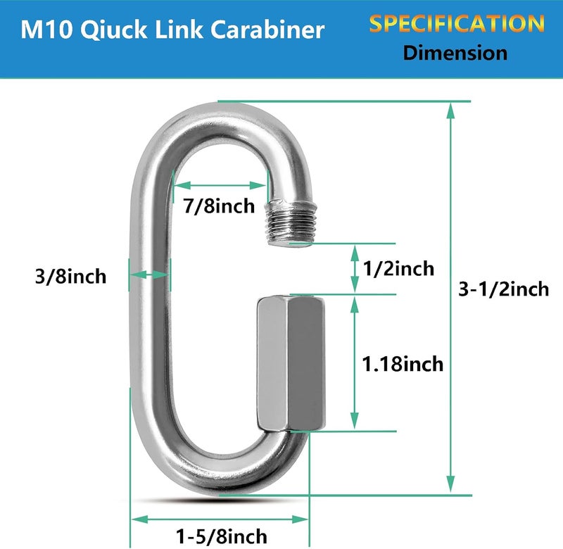 EVANCENT Quick Links, Chain Links Connector, 620lbs Capacity Heavy Duty Carabiner Clips, Galvanized Thread Quick Link Hardware for Safety Chain Swing Gym Hammock, Screw Lock Oval Locking Carabiner - Image 2